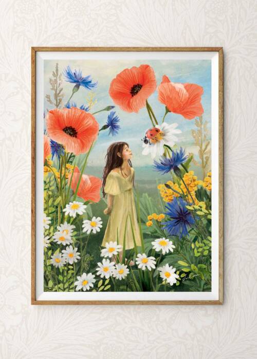 art print of a young girl in a field of wilde flowers