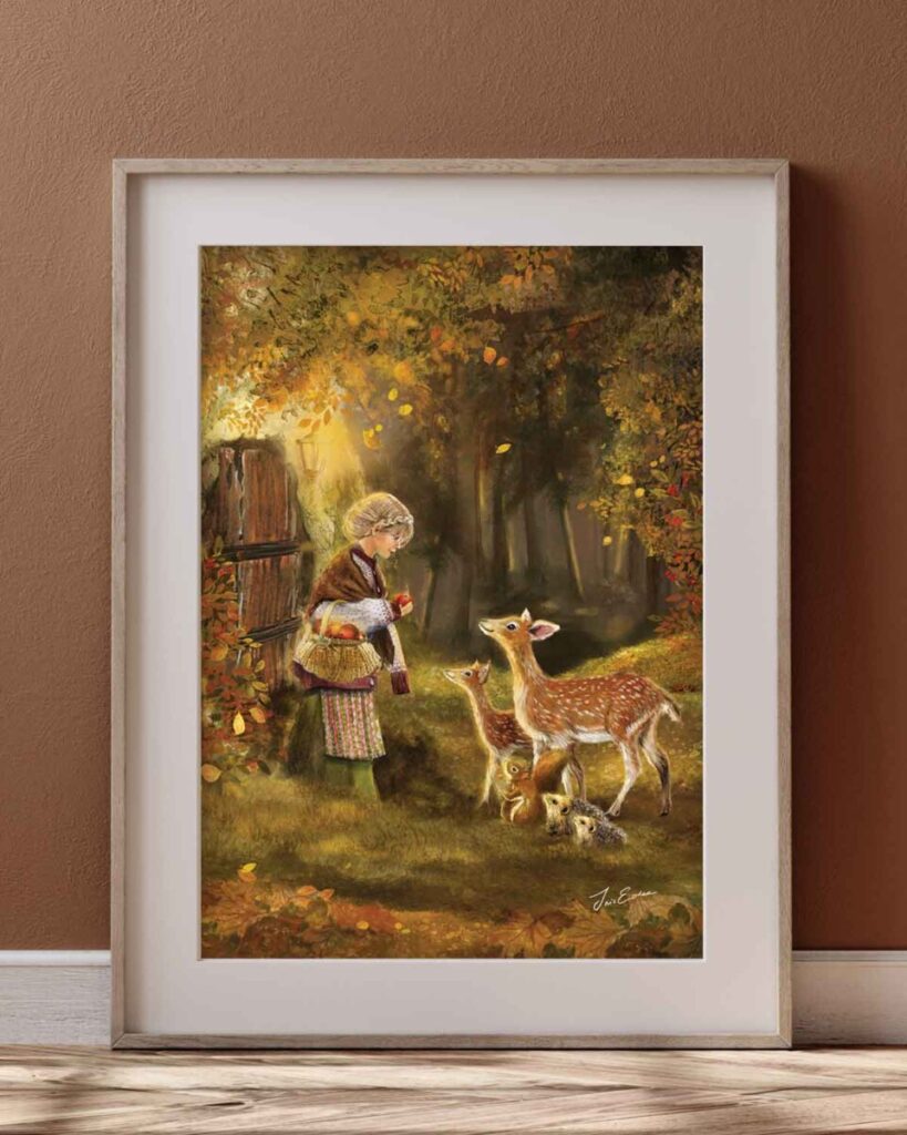 Whimsical forest illustration of a child feeding deer in a golden autumn woodland, a fairytale-inspired art print perfect for lovers of Elsa Beskow and classic folklore