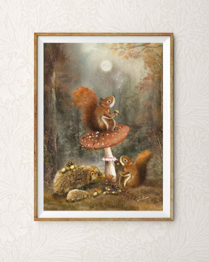 storytelling autumn art print of two squirrels and two hedgehogs gathering acorns and berries under a full moon
