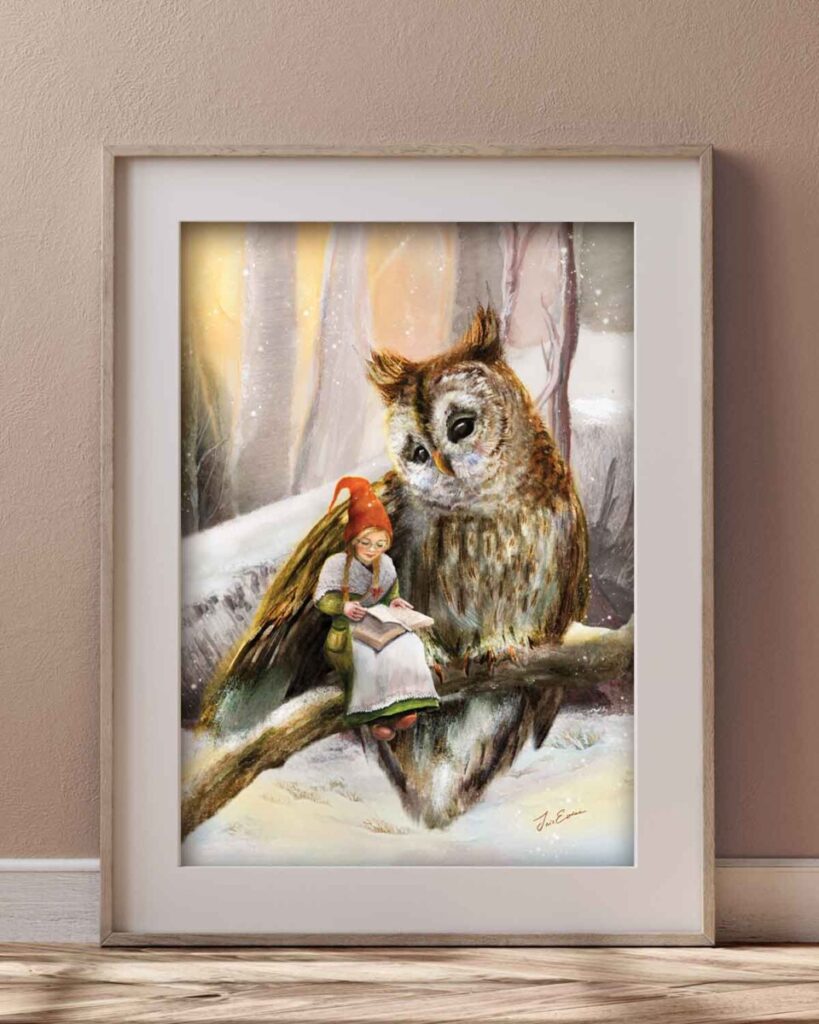 Fairytale-inspired art print by Iris Esther of a little gnome girl reading to a gentle owl in a serene winter forest
