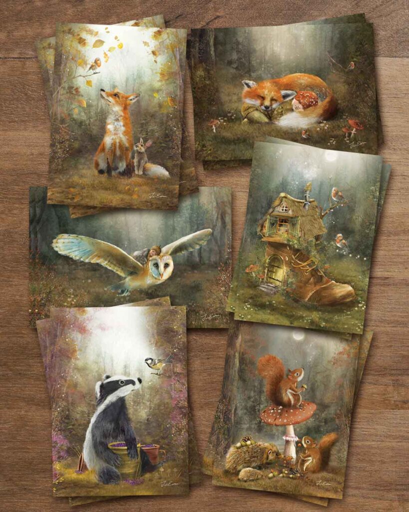 Whimsical woodland illustration of a shoe-shaped forest home with birds, foxes, and glowing windows – from the “Fall Favorites” set.