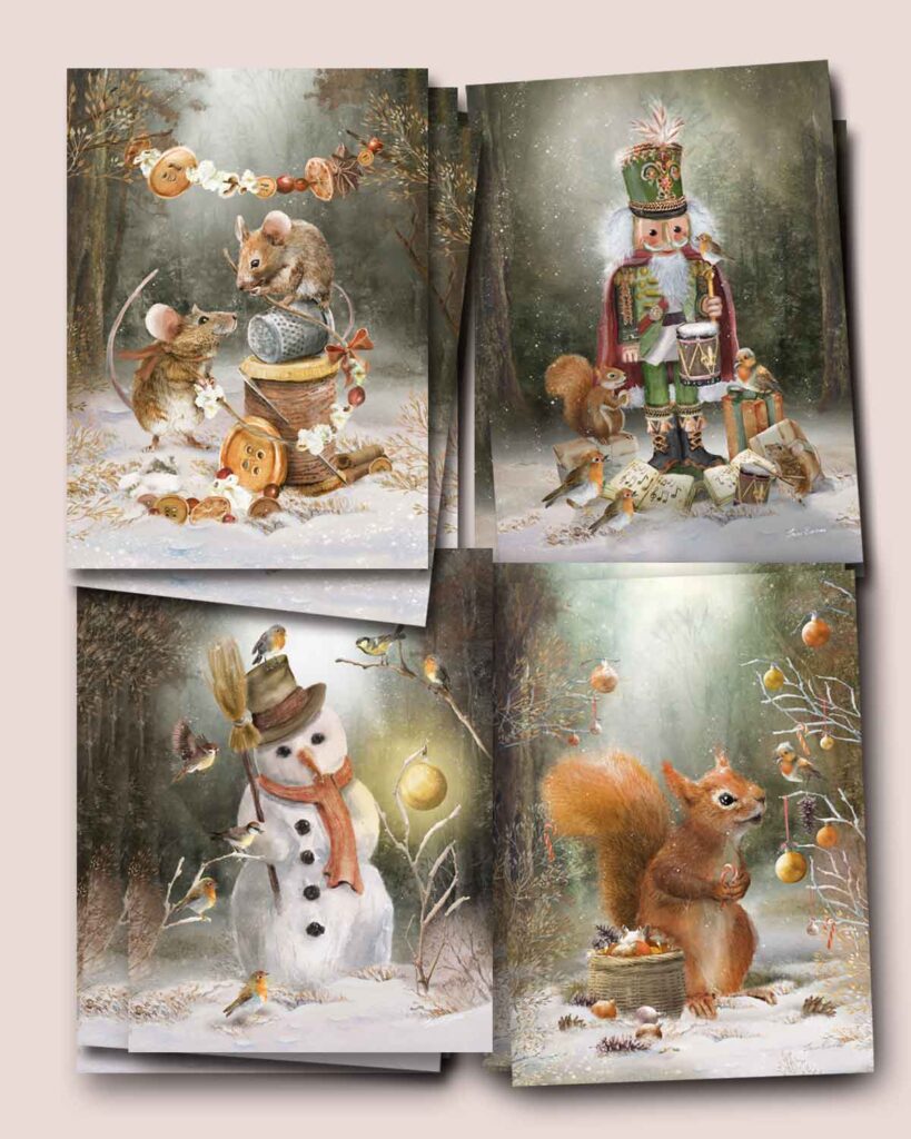 Woodland Christmas postcard with a red squirrel decorating branches with fruit and candy canes in a snowy glade.