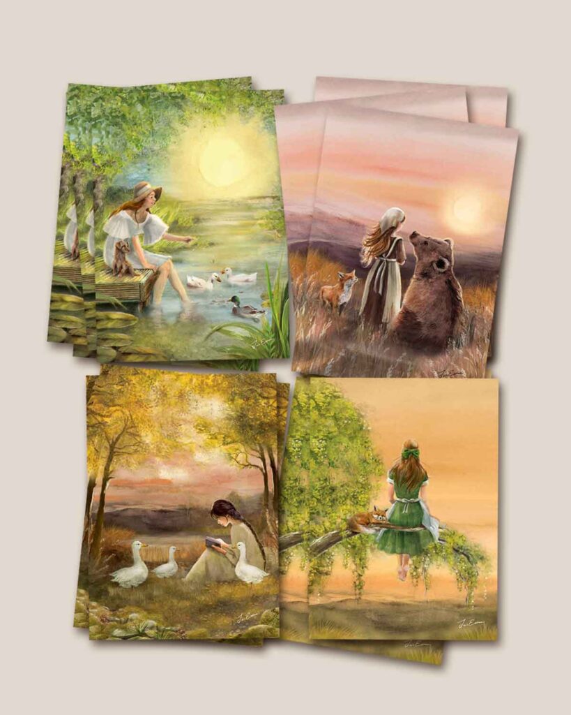 “Sweet Summer” postcard set – dreamy illustration of a girl sitting by the water with ducks, under a glowing sun.