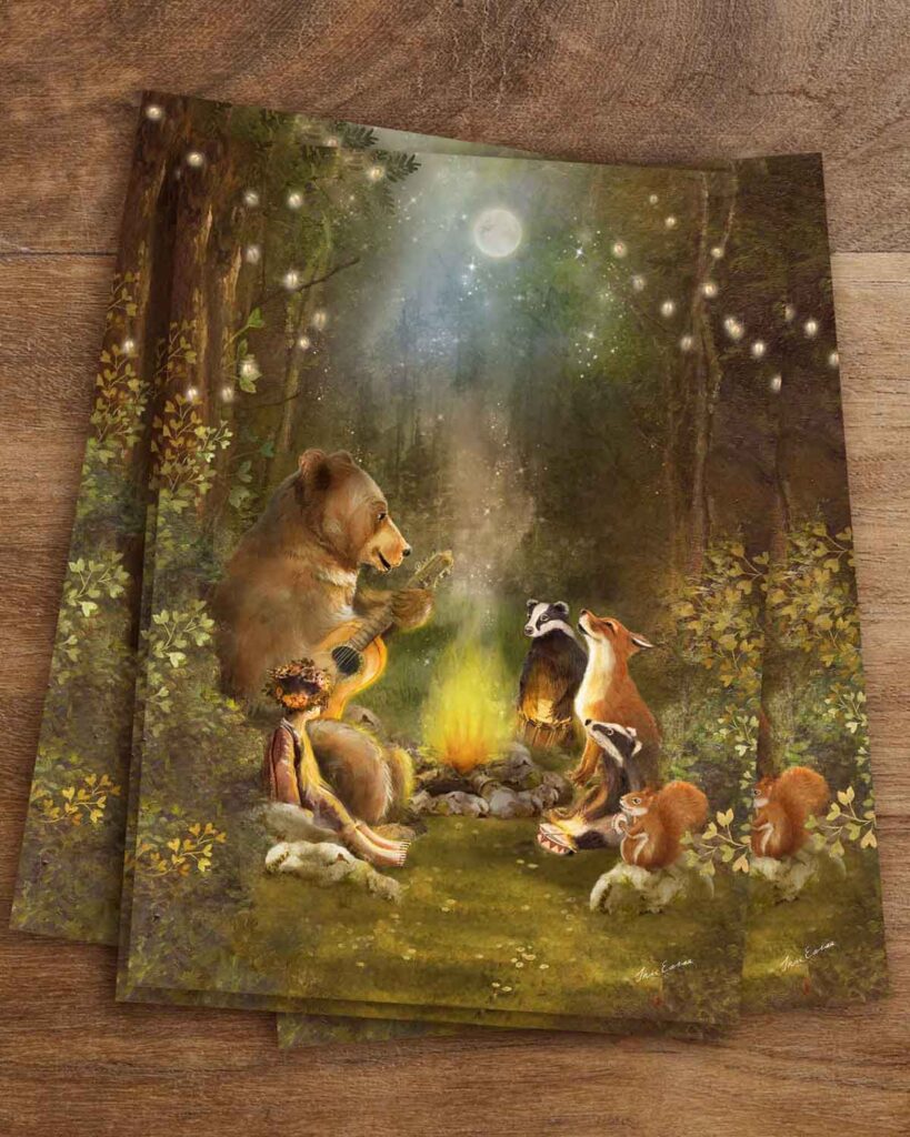 postcard of woodland animals gathering around a campfire and playing songs with musical instruments