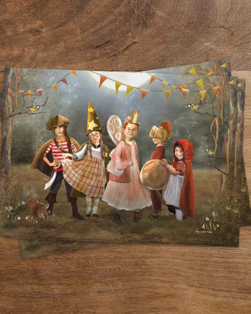 waldorf inspired postcard of a group of children dressed up in fairytale clothes celebrating carnaval
