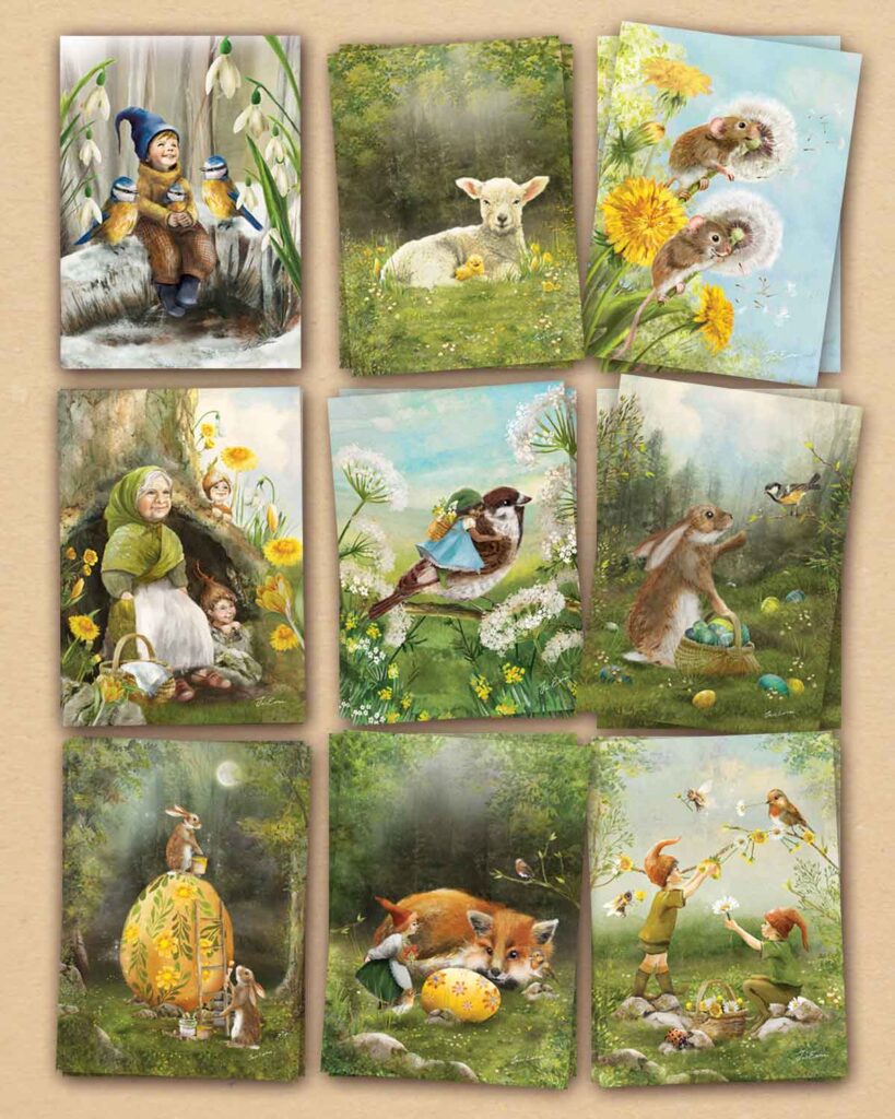A collection of 9 seasonal art postcards, from early spring snowdrops to Easter eggs, foxes, lambs, and Root Children.