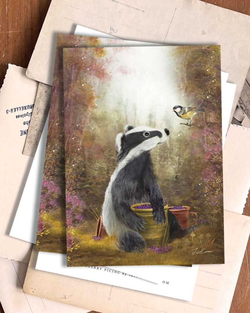 A whimsical postcard of a badger sitting with a pot of berries in a golden autumn forest, gazing up at a friendly bird on a branch.