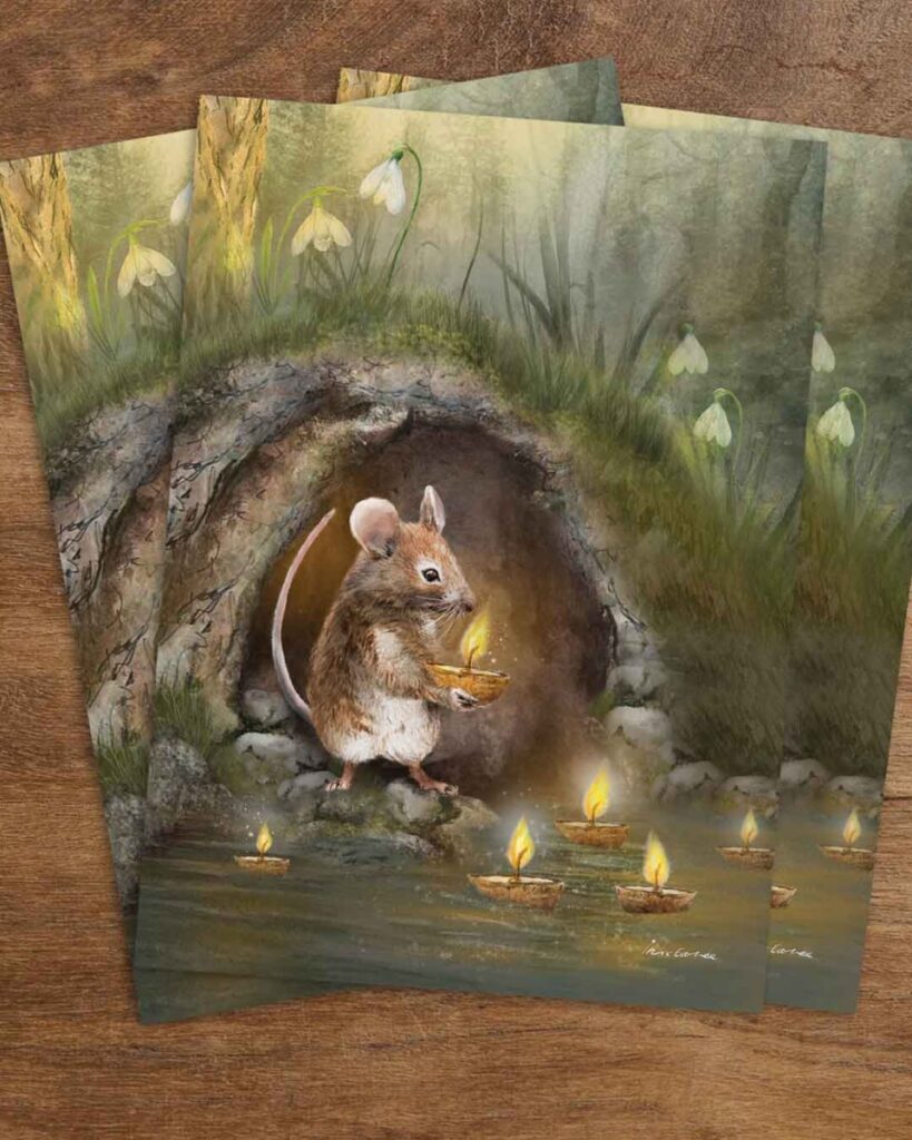 a fairytale inspired postcard of a mouse holding a walnut boat to return the light to Mother Nature for Candlemas celebrations. Perfect for any Waldorf home or seasonal table decor