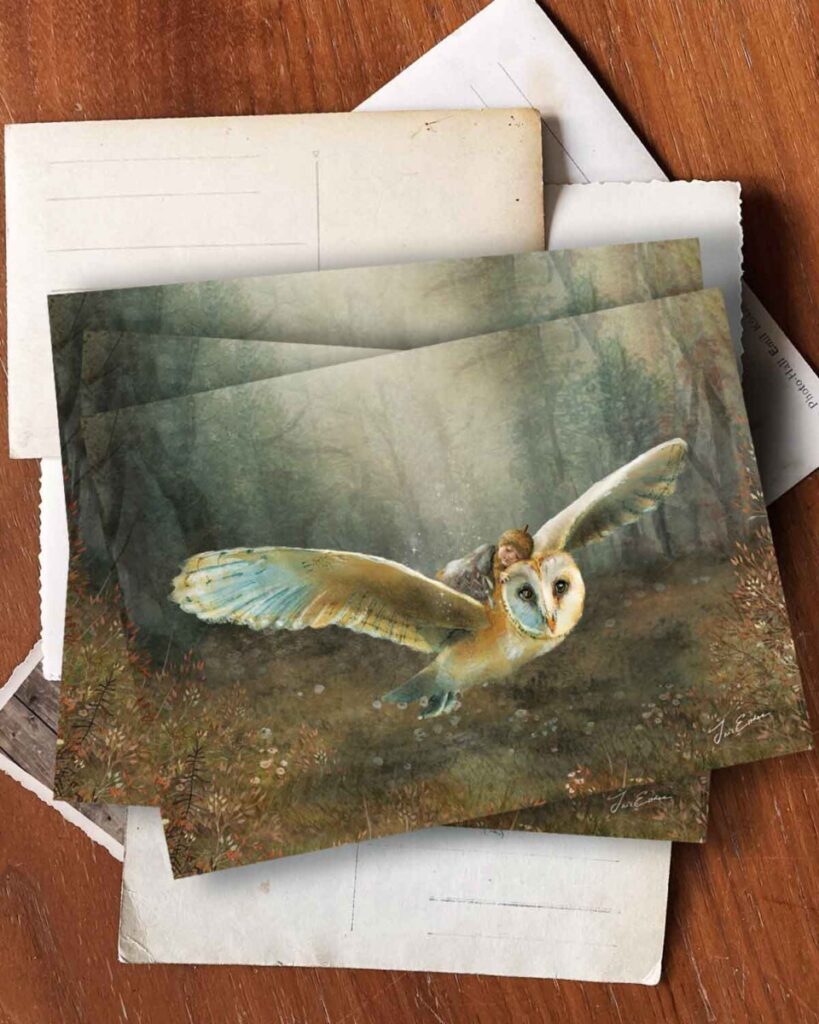 Stack of vintage postcards featuring barn owl with fairy rider in misty forest scene on wooden table