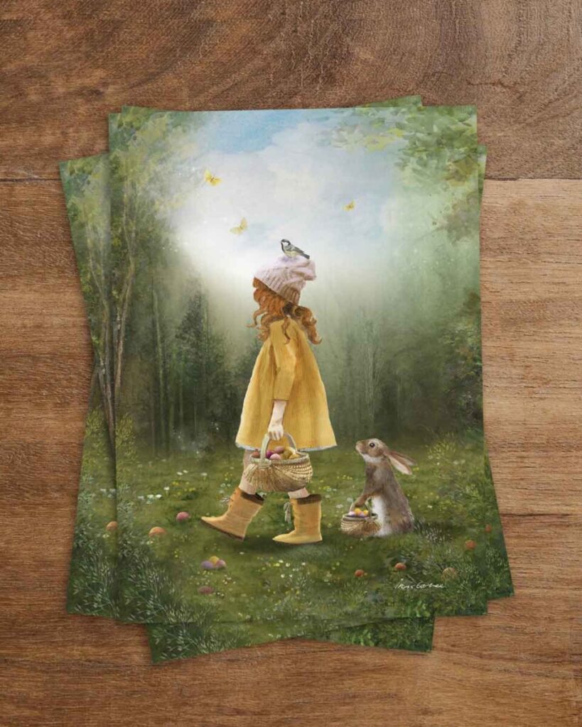 Seasonal postcard for Easter and springtime celebrations of a girl wearing a yellow dress and warm woolen hat wandering through the woods with a basket whilst the easter bunny sits behind her