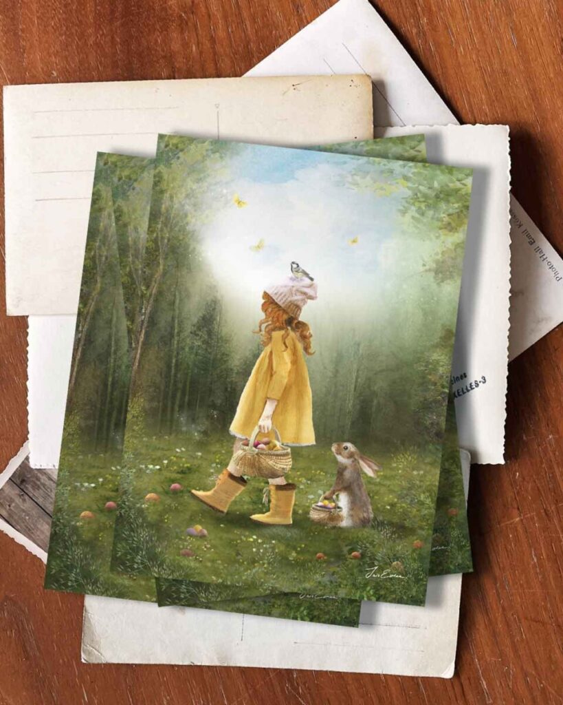 Waldorf-style postcard of a girl in a yellow coat walking through the woods with a basket of Easter eggs.
