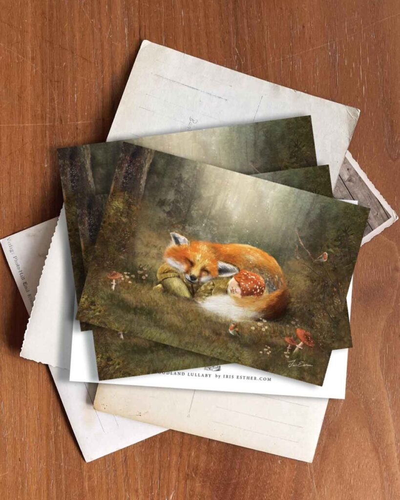A cozy woodland illustration of a fox curled up with a tiny girl in a red toadstool hat, sleeping peacefully in a mossy autumn forest