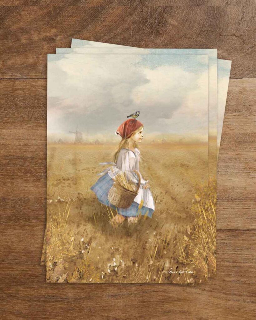 Fairytale postcard featuring a smiling girl in a blue checkered dress and red headscarf, carrying a harvest basket through a sunlit wheat field – a dreamy glimpse of rural life and late summer charm.