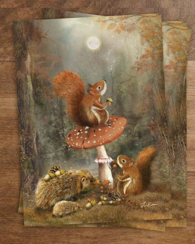 Autumn postcard illustration of squirrels and hedgehogs gathering acorns beneath a glowing full moon, with a red toadstool and golden forest leaves – a whimsical woodland harvest scene