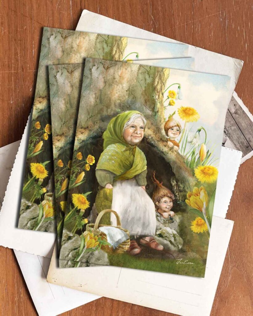 A fairytale-inspired scene of Mother Earth awakening the Root Children from their winter slumber, as they emerge from beneath the earth surrounded by blooming daffodils, snowdrops, and golden dandelions.