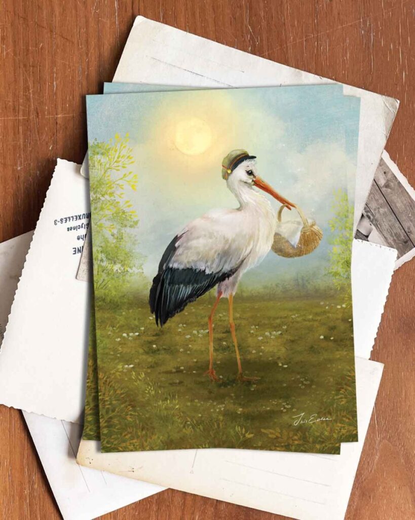 A fairytale-inspired countryside scene featuring a stork dressed as a messenger, delivering a special package under a golden sky, evoking themes of birth and celebration