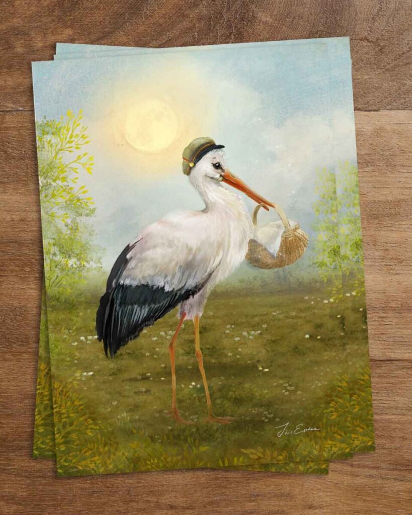 Whimsical postcard of a stork wearing a green cap and carrying a woven basket in its beak, standing in a blooming spring meadow under a glowing sun – a fairytale symbol of birth and renewal.