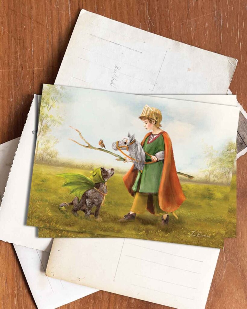 A young boy dressed as a knight, holding a hobby horse and a wooden sword, faces his loyal dog wearing a playful dragon costume. A small bird perches on a branch nearby, evoking the spirit of Michaelmas in a sunlit meadow.