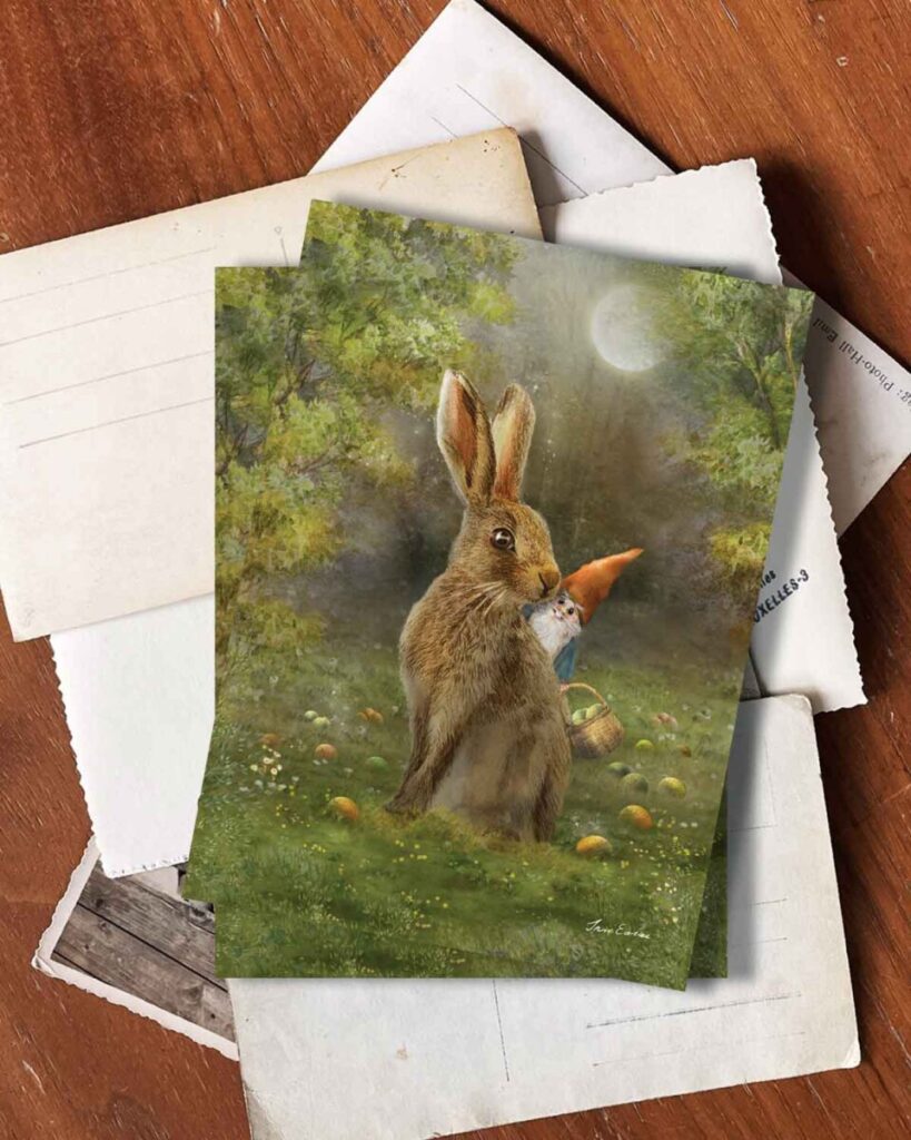 Enchanting fairytale illustration of a woodland hare and a tiny gnome in a glowing meadow filled with Easter eggs. A nostalgic and playful art print for lovers of folklore and nature’s magic