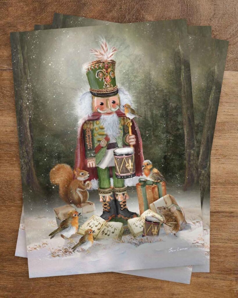 Festive holiday postcard featuring a fairytale nutcracker with feathered hat and drum, visited by woodland animals in the snow – a magical winter scene full of music, gifts, and Christmas spirit