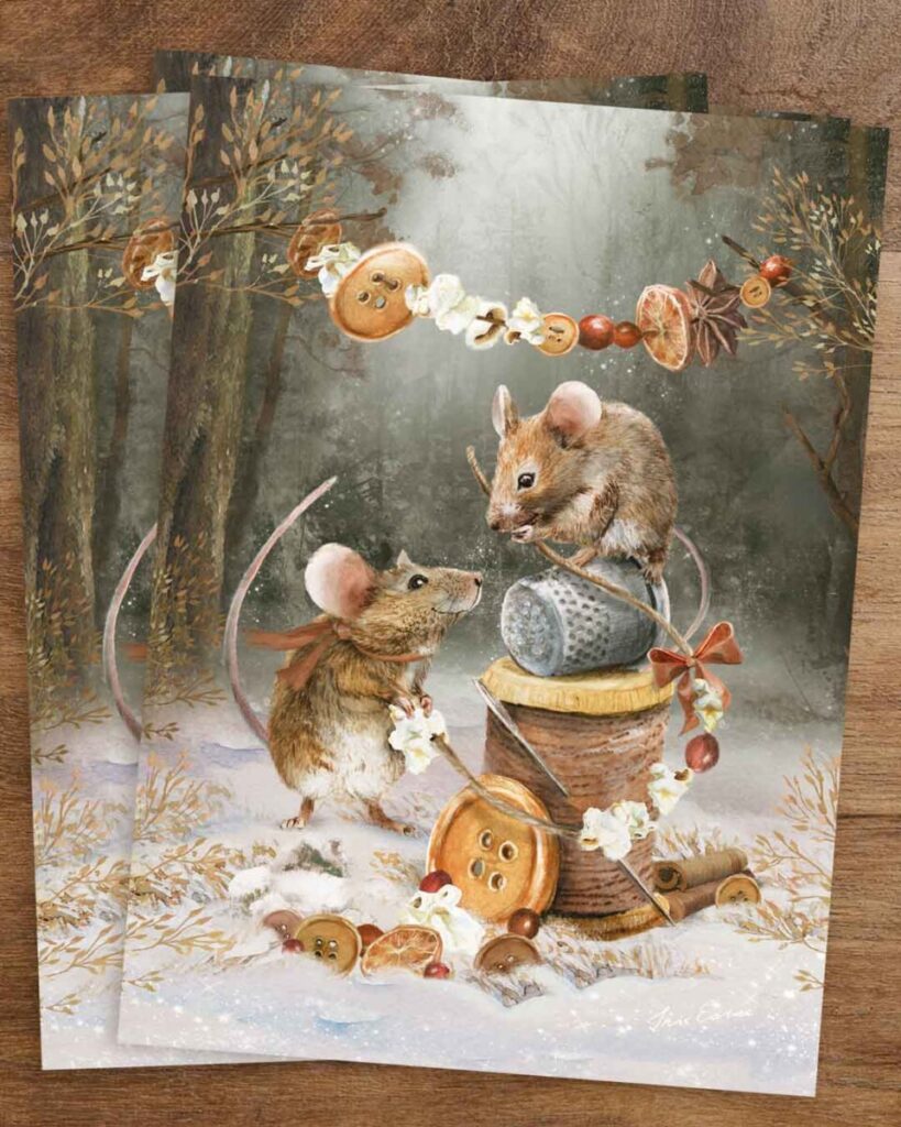 Whimsical winter postcard of two mice decorating with popcorn garlands, buttons, and cinnamon sticks in a snowy woodland, surrounded by thread spools and thimbles – a cozy handmade holiday scene