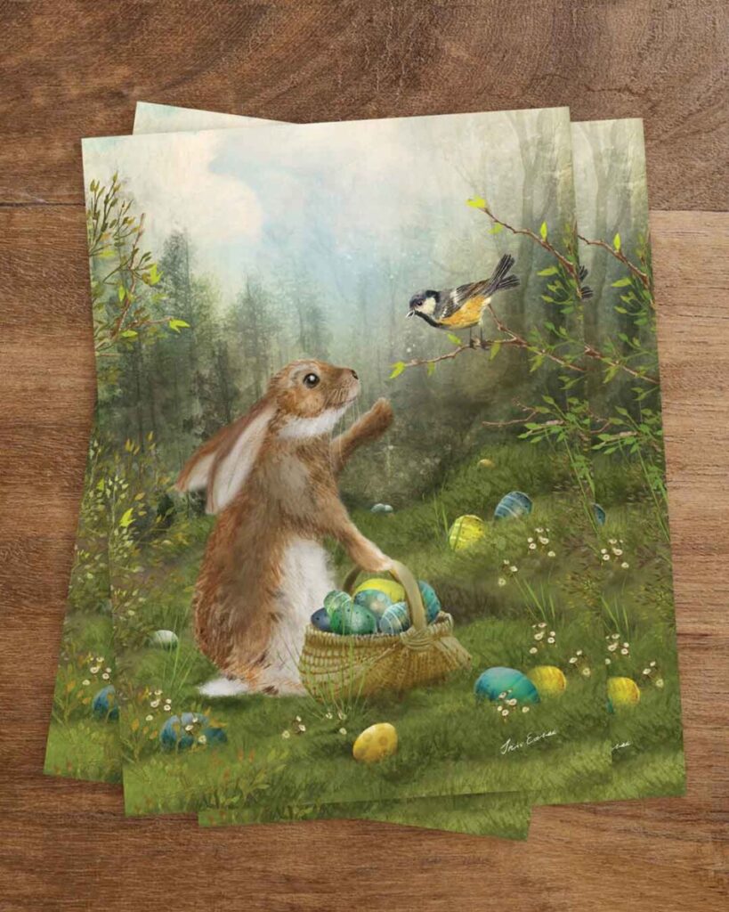 Seasonal postcard of a rabbit greeting a songbird in a budding spring forest, with a basket of colorful eggs at its feet – a symbolic celebration of the spring equinox, renewal, and nature’s awakening