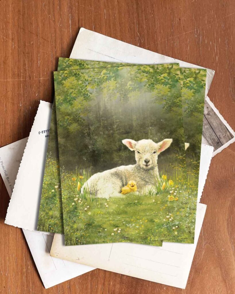 Delightful springtime illustration of a peaceful lamb and a baby chick nestled together in a lush meadow, surrounded by blooming flowers and dappled sunlight. This enchanting woodland scene captures the essence of renewal, making it an ideal postcard for Easter greetings, seasonal stationery, and nature lovers.