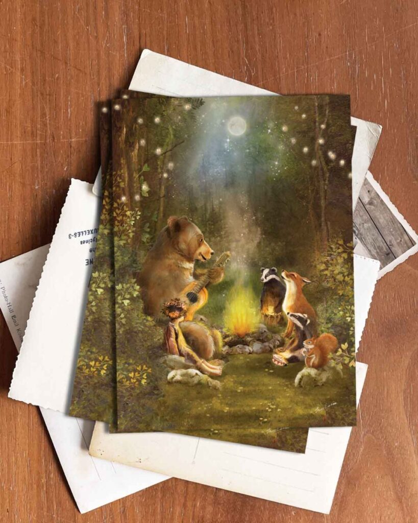 Whimsical Midsummer scene of woodland creatures gathered around a crackling fire, celebrating the summer solstice with music and song. A bear strums a guitar, badgers beat a drum, and a fox sings beneath a starry sky. A magical postcard capturing the joy of nature’s longest day, ideal for those who cherish fairytales, folklore, and seasonal traditions