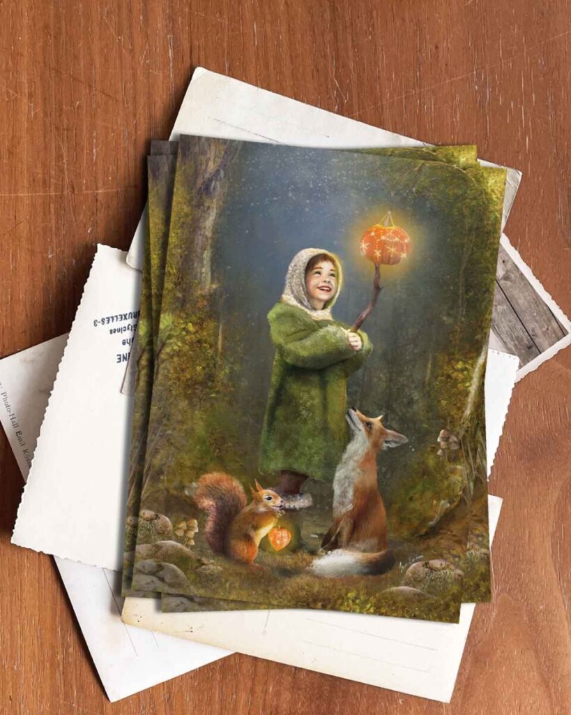 Whimsical autumn scene of a child holding a glowing lantern, illuminating the forest as woodland animals gather in quiet wonder. Inspired by the Martinmas lantern festival, this fairytale artwork captures the essence of light, generosity, and the transition into winter. A perfect print for lovers of folklore, Waldorf traditions, and seasonal storytelling