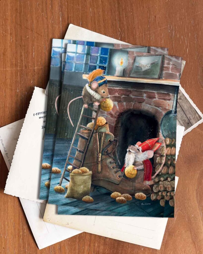 Enchanting holiday illustration of two tiny mice celebrating Sinterklaas night in a rustic, candlelit home. With a boot filled with treats, pepernoten scattered across the floor, and a crackling fireplace, this festive scene brings the Dutch folklore of Sintermuis to life. A perfect seasonal postcard for lovers of tradition, whimsy, and winter magic.