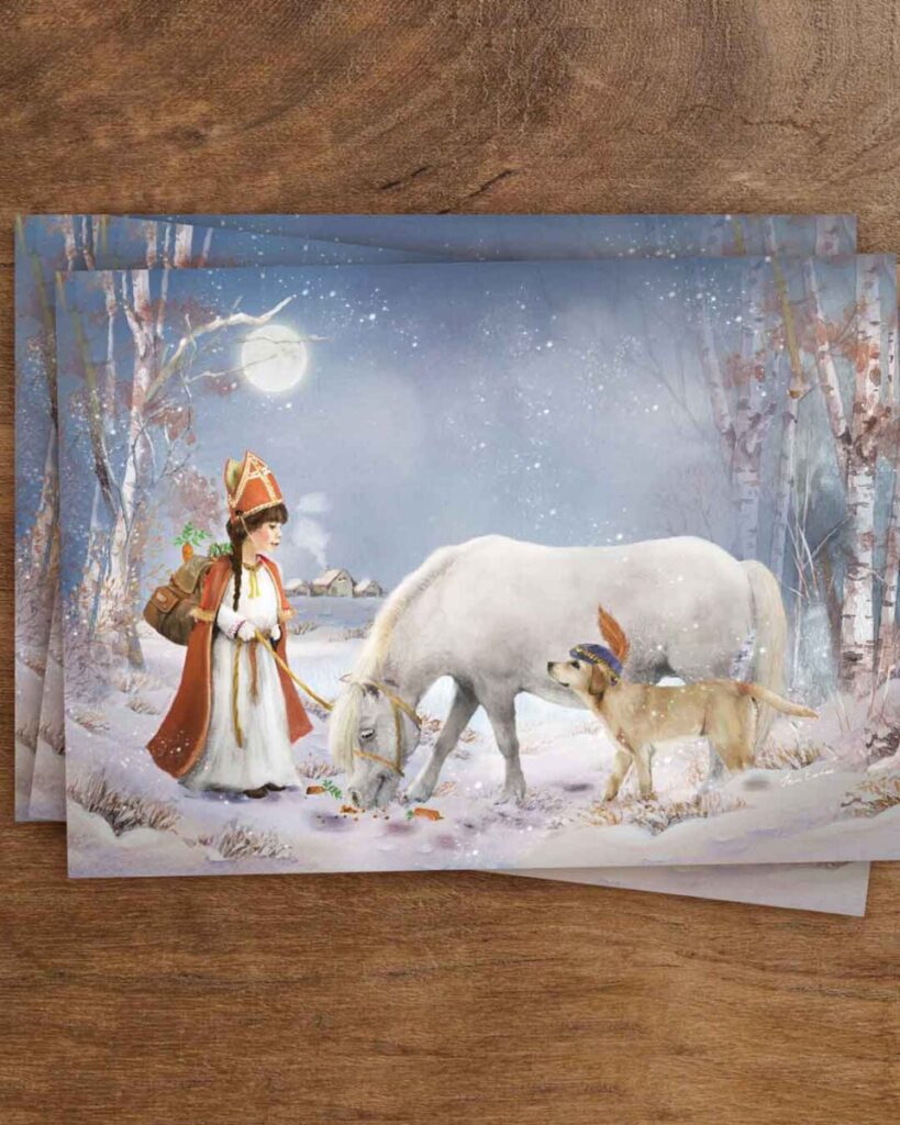 Fairytale-style postcard of Klaasje, a child dressed in a red bishop’s cloak, guiding a white horse and festive dog across a snowy landscape – a magical Sinterklaas scene filled with tradition and wonder