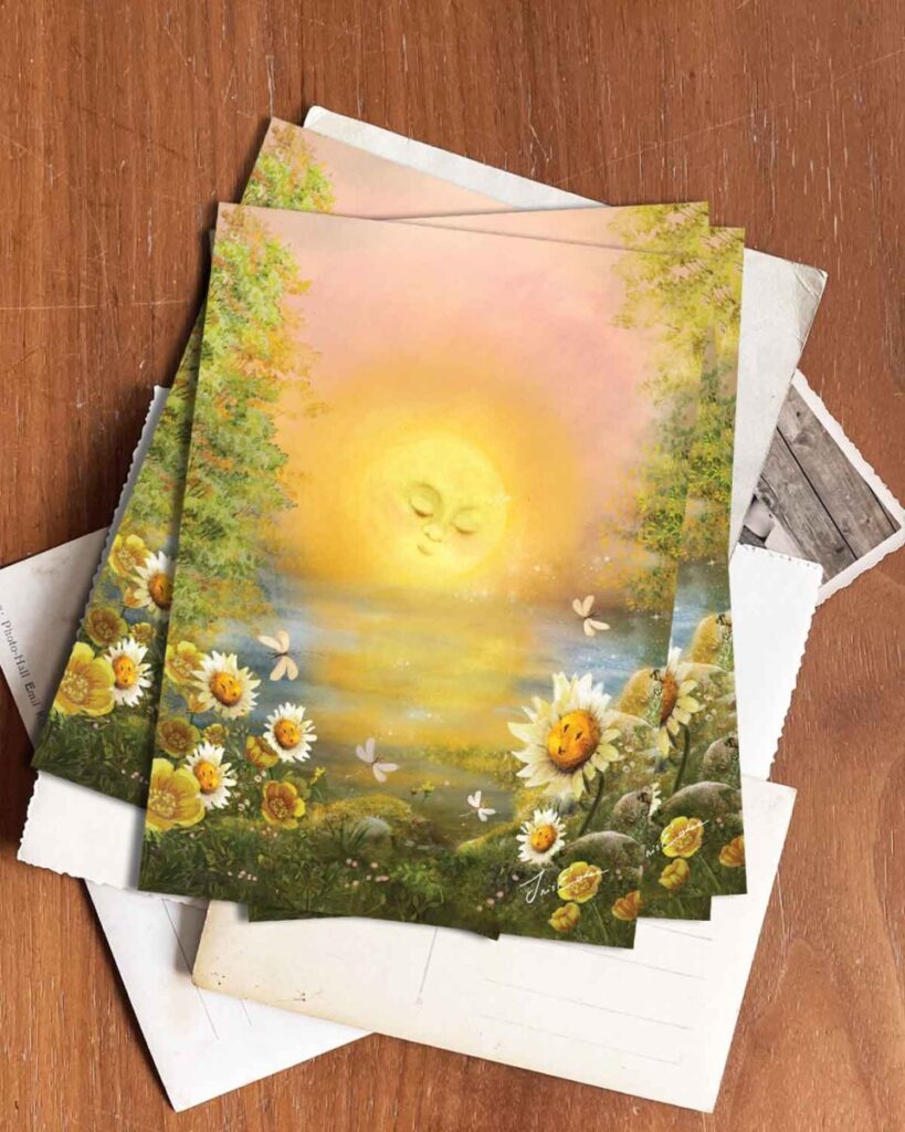 himsical summer postcard featuring a dreamy golden sun with a peaceful face, setting over a glowing meadow. Cheerful sunflowers with smiling faces bask in the warm light, while delicate butterflies dance in the air. A magical illustration capturing the essence of a golden summer evening, perfect for seasonal greetings and nature lovers.