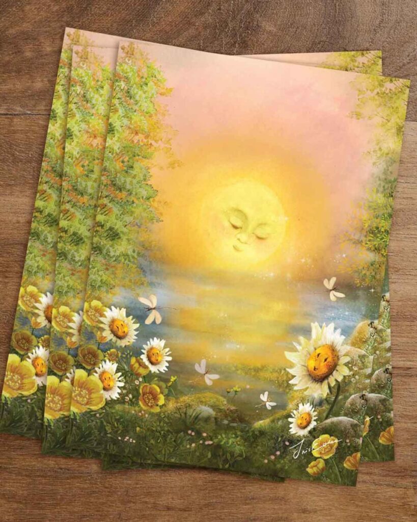 Fairytale-style postcard of a sleepy sun setting over a flower-filled meadow, surrounded by cheerful daisies and fluttering butterflies – perfect for celebrating Midsummer and Waldorf-inspired seasonal rhythms