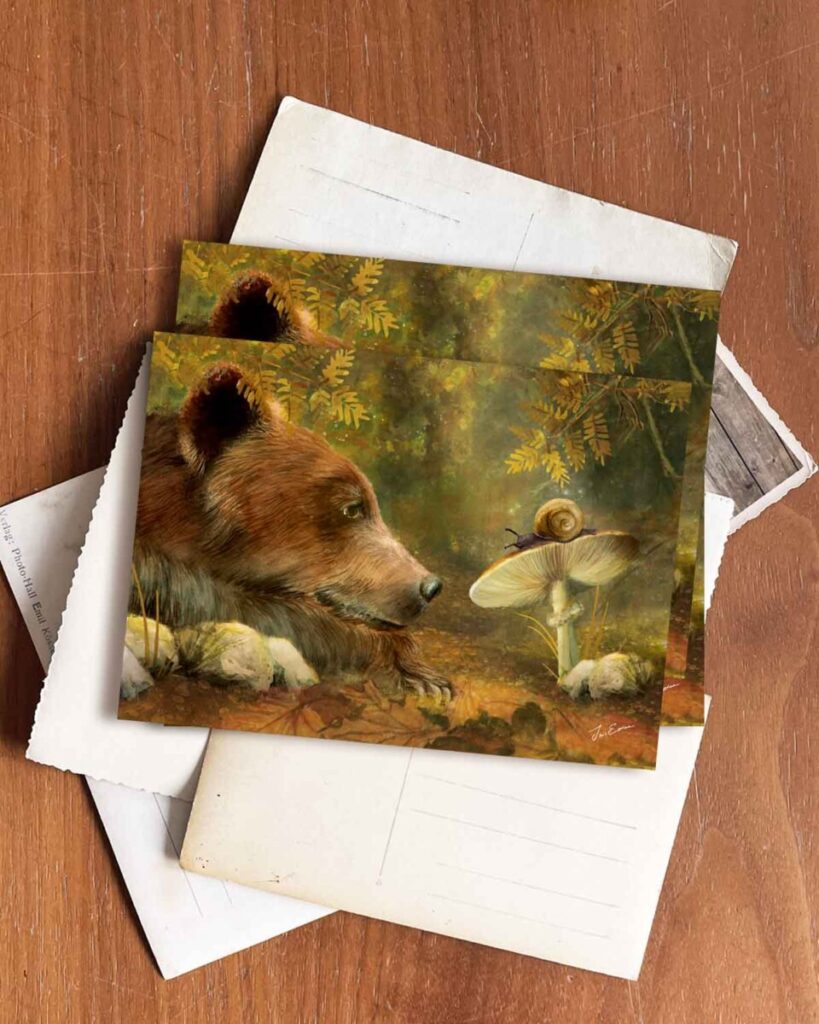 Enchanting nature artwork featuring a bear and a snail in a golden-hued forest glade, evoking a moment of quiet connection. A nostalgic, Waldorf-style painting with a touch of Rien Poortvliet’s storytelling charm.