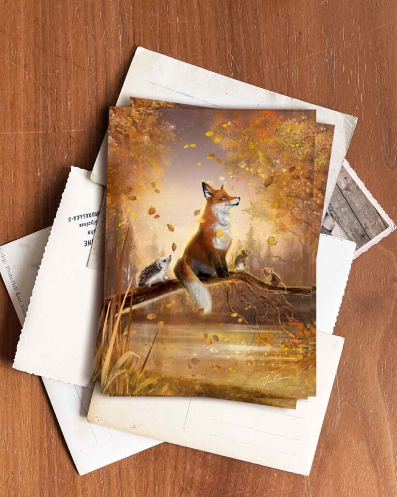 Whimsical woodland artwork by Iris Esther of a fox, hedgehog, and mice enjoying the beauty of falling autumn leaves. A dreamy scene filled with warmth, nostalgia, and a deep appreciation for nature’s wonder