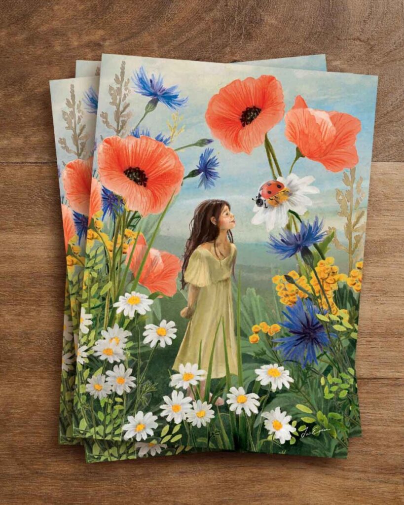 Enchanting summer postcard by Iris Esther of a girl with brown hair wandering through a field of wildflowers in full bloom, talking to a ladybug