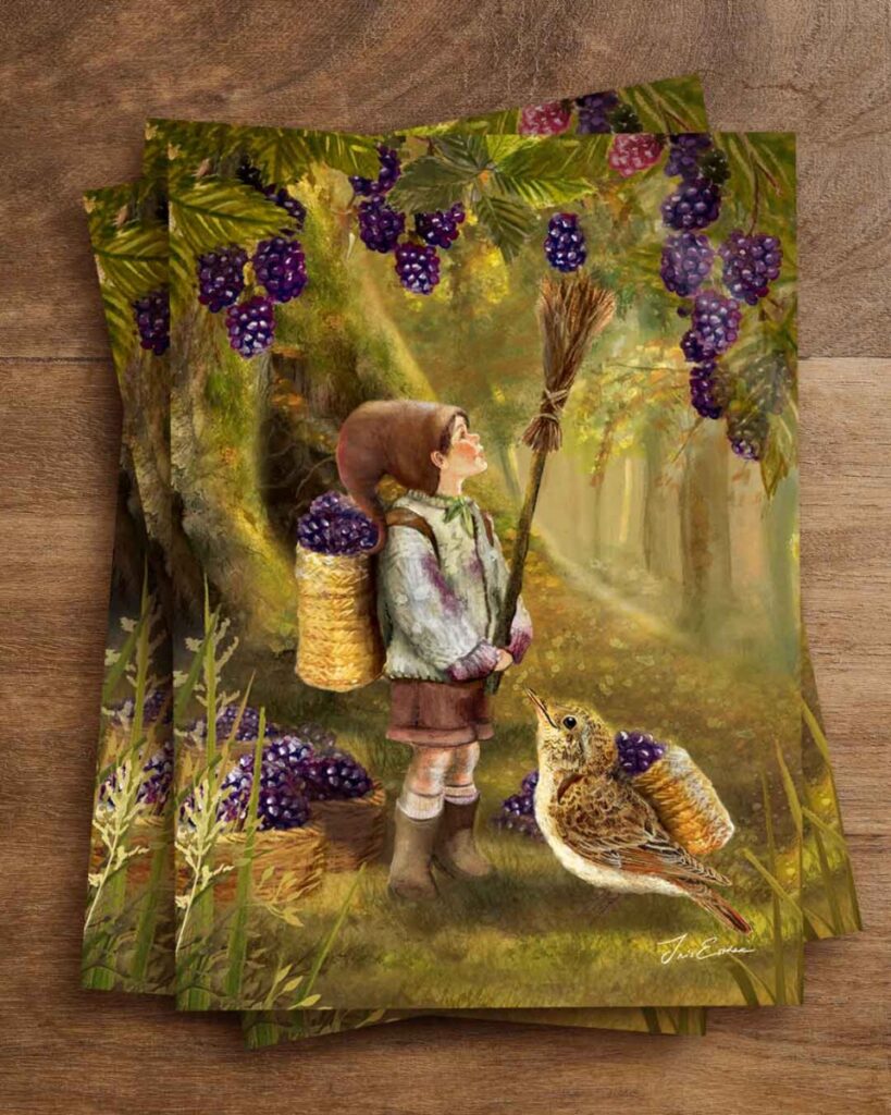 A charming postcard of little gnome boy and his bird friend as they harvest blackberries with the help of a broom. A nostalgic, Waldorf-style painting with a touch of Rien Poortvliet’s storytelling charm.