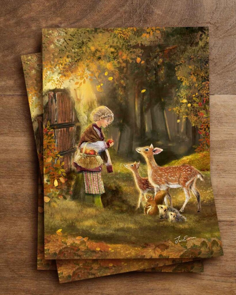 fairytale illustration of a young girl standing in front of her door in a tree in an autumn leaves filled forest sharing apples with woodland animals from her basket