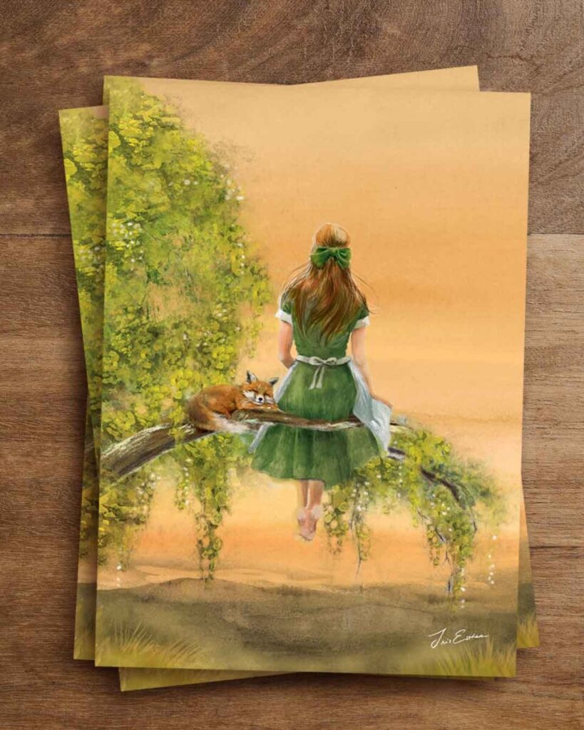 Dreamy vintage book-inspired postcard by Iris Esther featuring a young woman in a green dress sitting barefoot on a tree branch at sunset, with a sleeping fox beside her. A perfect postcard for fairytale lovers and poetry book enthusiasts