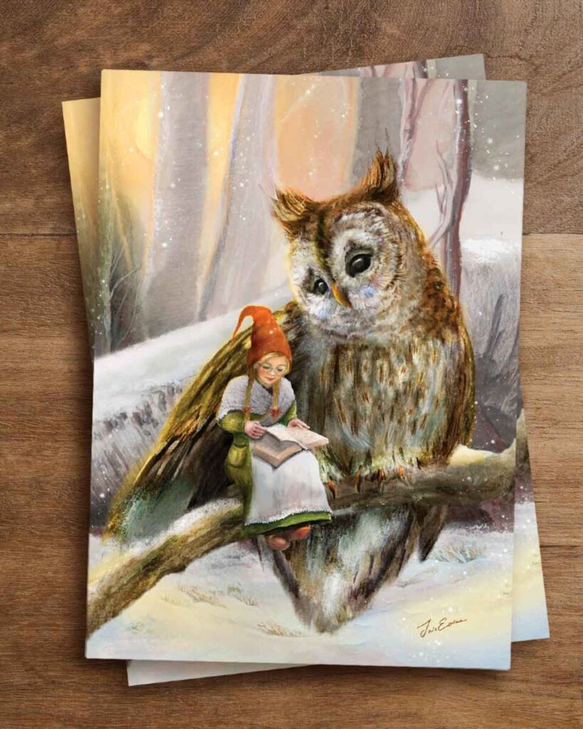 a fairytale inspired illustrated postcard of a young blonde gnome girl sitting underneath the wing of her owl friend on a branch in a winter landscape
