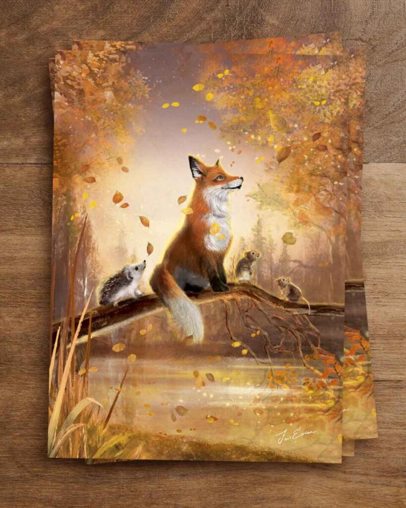Warm and whimsical autumn illustrated postcard of a curious fox sitting on a fallen tree hanging over water in the company of a hedgehog and two mice as they watch the dancing leaves