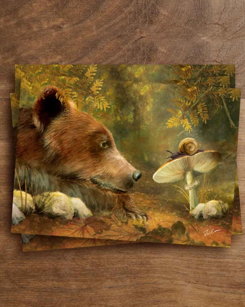 warm and enchanted postcard of a big brown bear watch a little snail on a toadstool suurounded by bushes and autumn leaves