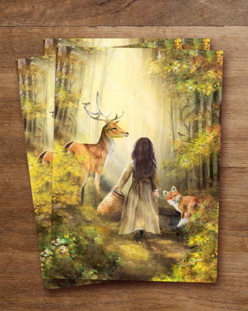 Fairytale postcard of a girl in a woodland glade beside a stag and fox – autumn nature scene with magical forest light.