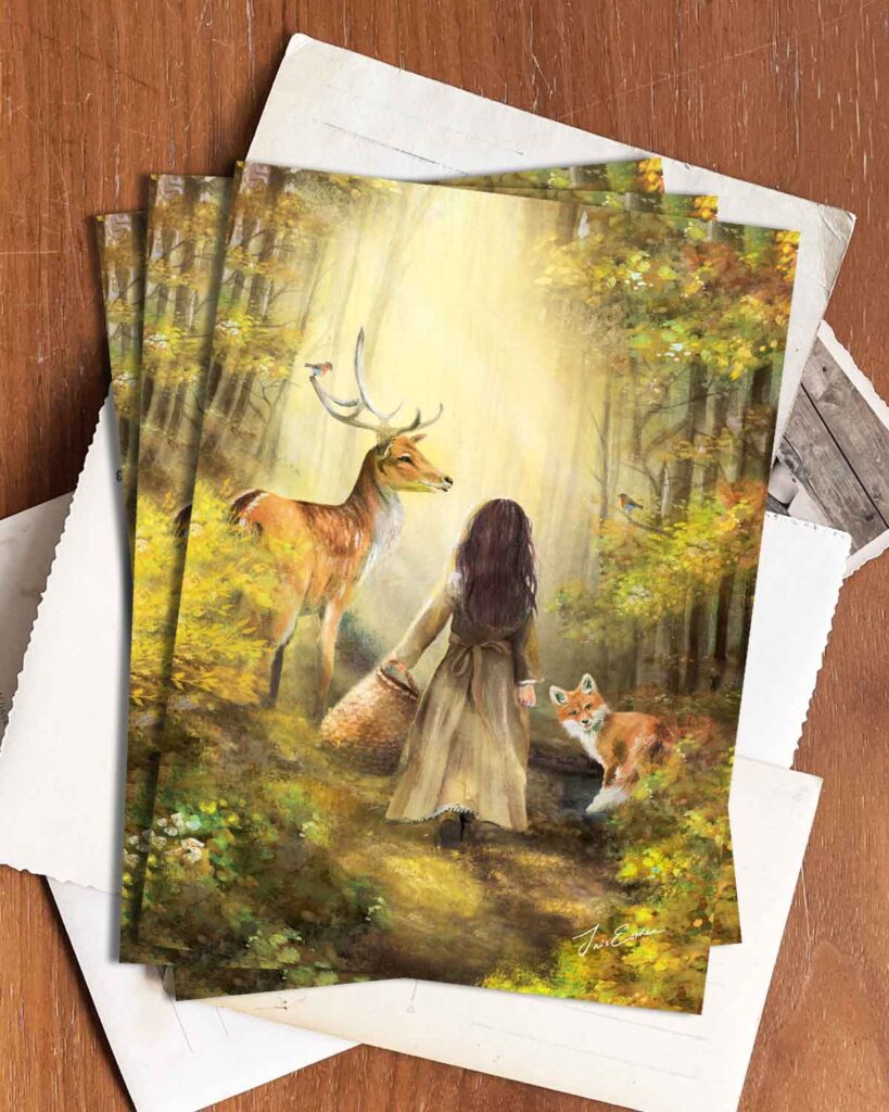 Enchanting fall illustration of a young woman and forest animals walking a mossy path in golden light – postcard by Iris Esther.