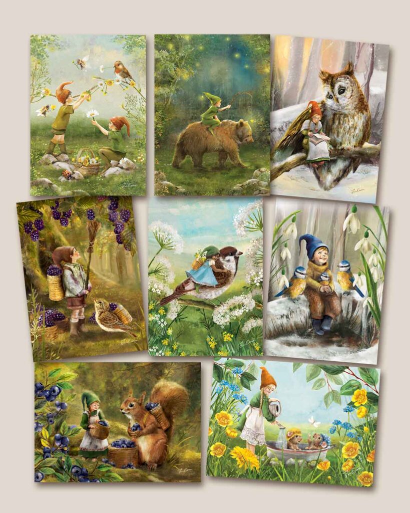 Spring-themed postcard of a tiny girl riding a bird through blooming meadows with dandelion fluff in the air.