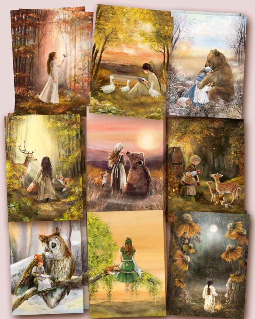 Collection of whimsical fairy tale paintings featuring children with forest animals including deer, bears, and owls