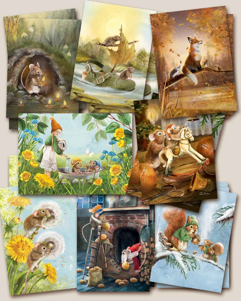 A seasonal postcard set featuring 8 whimsical illustrations of mice in nature, from springtime flowers to snowy branches.