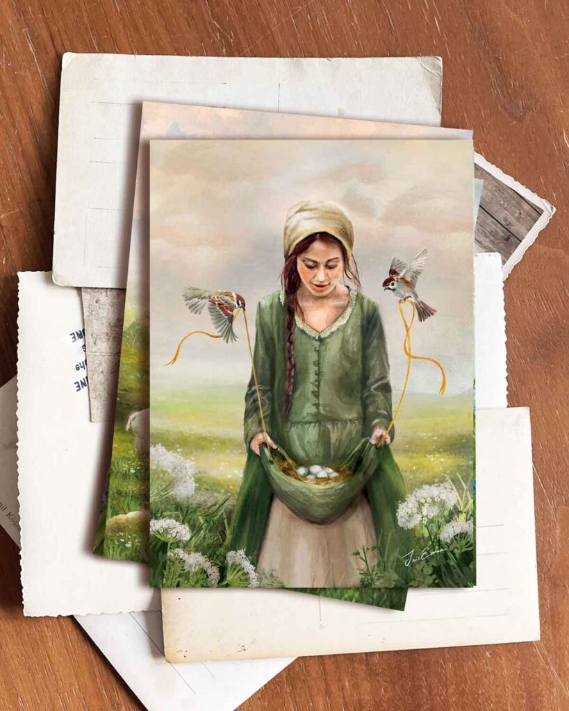 Woman in green medieval dress holding egg basket with birds carrying golden ribbons in pastoral landscape painting