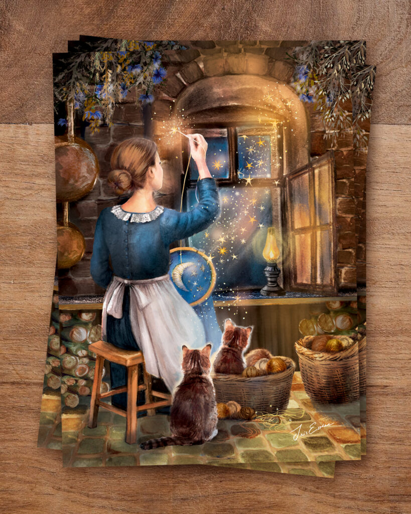 Postcard of the Seamstress of Stars, a girl sewing constellations at her window while two cats look on, fairytale-inspired illustration.