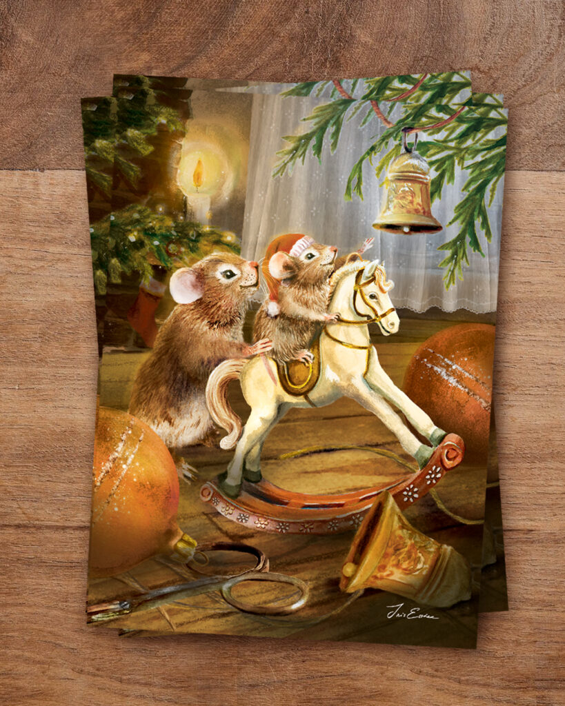 Christmas postcard of two mice riding a toy rocking horse beneath a decorated tree, reaching for a golden bell.